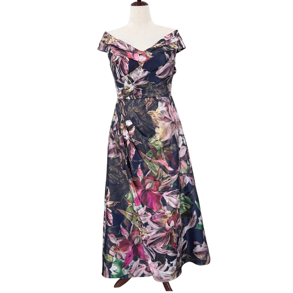 Aidan Mattox Metallic Floral Jacquard Tropical Off Shoulder Maxi Gown Navy Pink